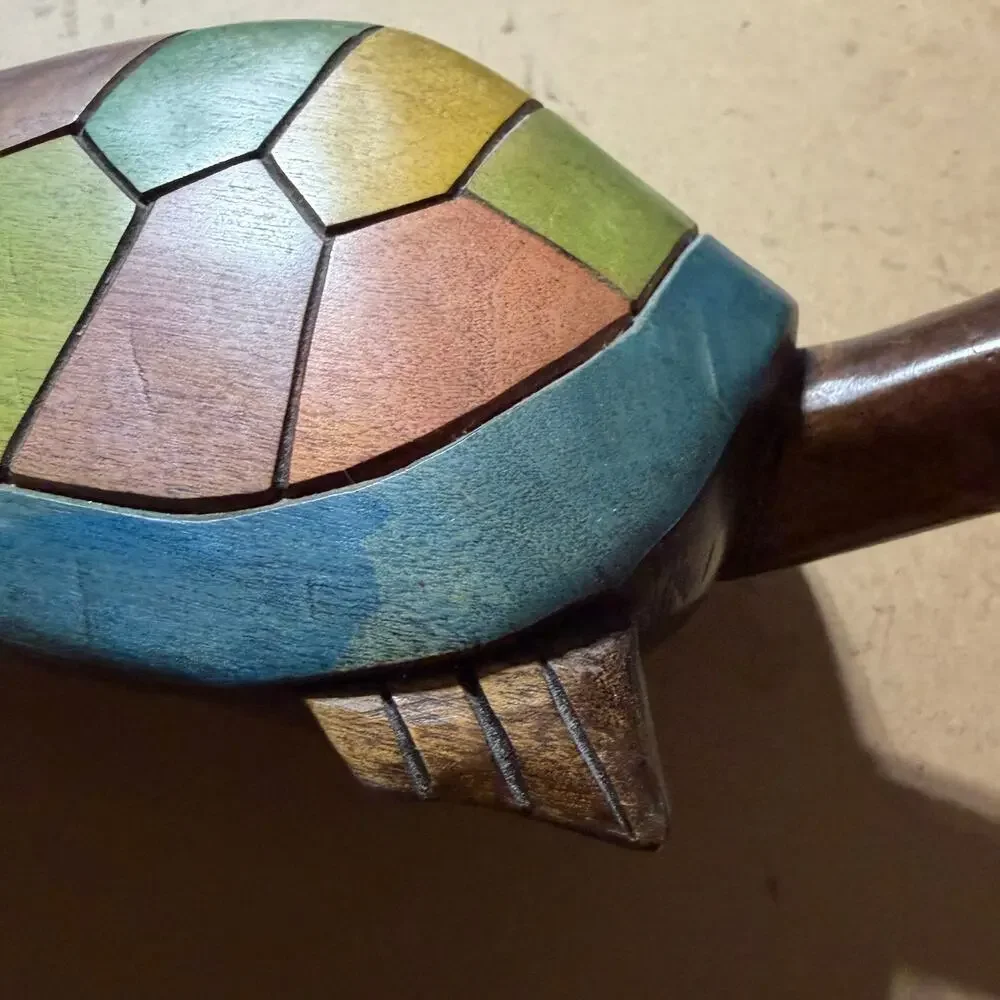 Hand Carved Wood Turtle Figurine Colorful Mosaic Shell Sculpture Folk Art Decor
